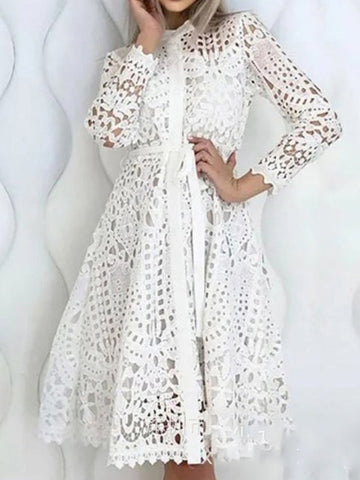 Woochic mi-longue robe broderie anglaise ceinture boutonnage élégant bal de promo blanche chemisier robe Blanche S